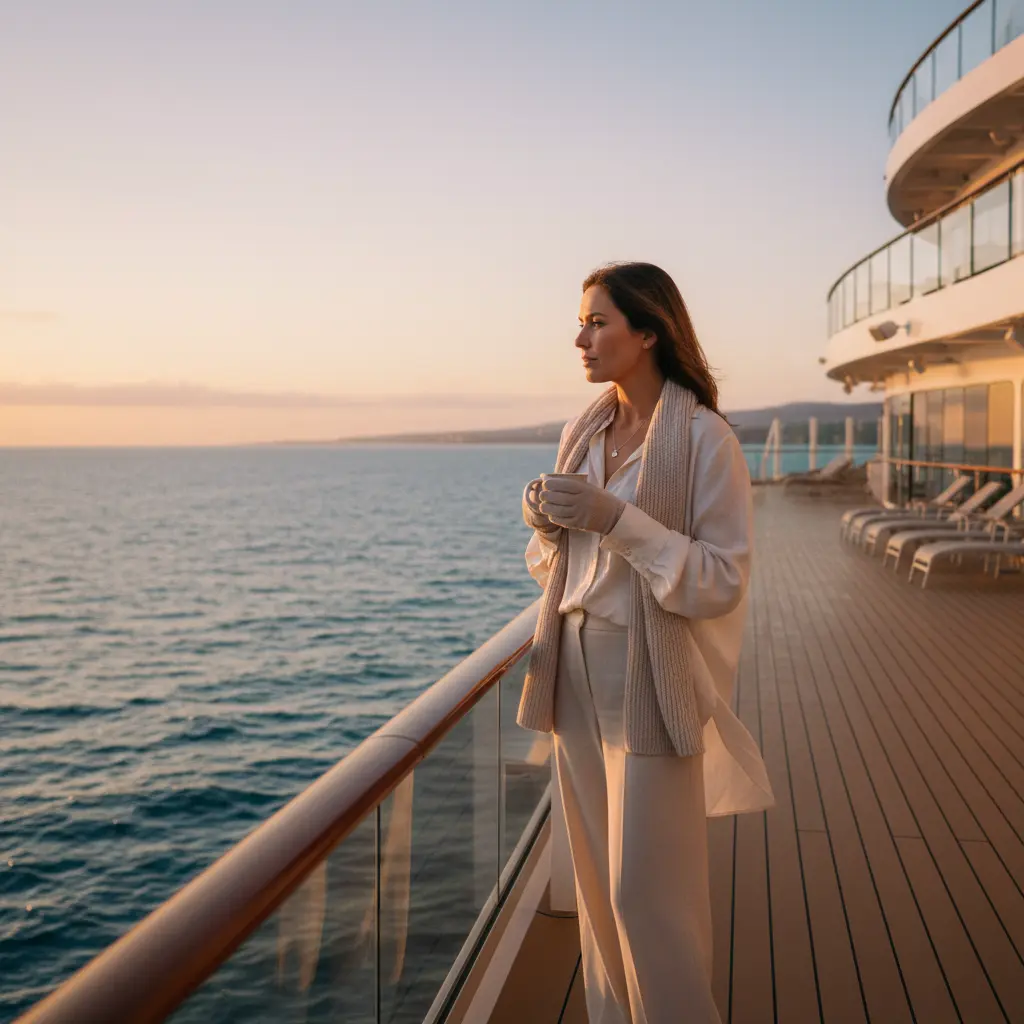 Nachdenkliche Frau auf einem Kreuzfahrtschiff blickt aufs Meer
