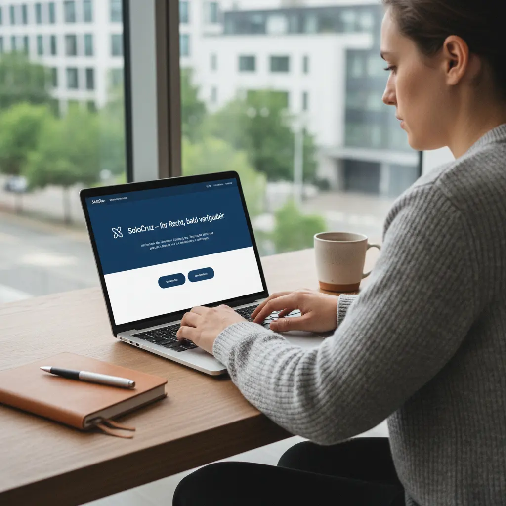Eine Person, die am Schreibtisch sitzt und auf einem Laptop tippt, symbolisiert Kundenservice und Kontaktmöglichkeiten für SoloCruz.
