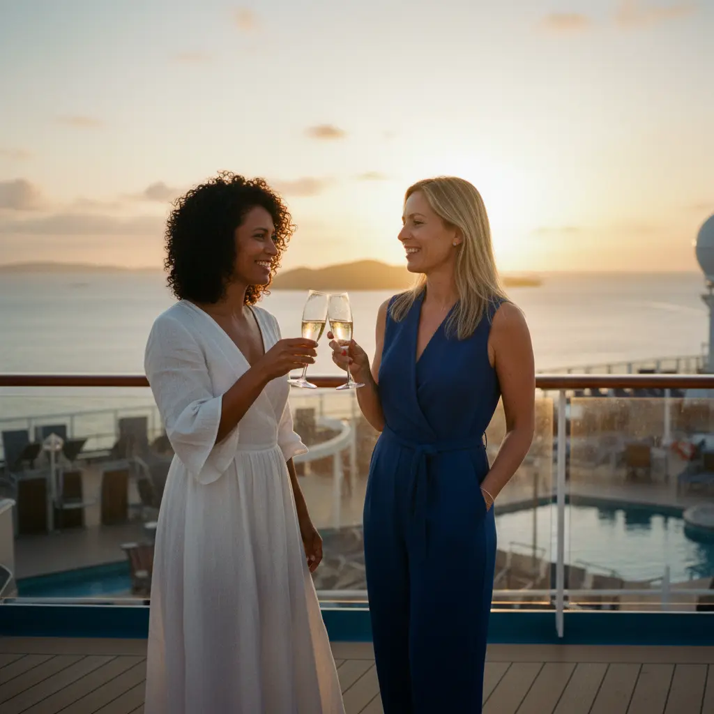 Zwei Frauen stoßen mit Gläsern auf einem Kreuzfahrtschiff an, symbolisierend eine erfolgreiche Partnerschaft.