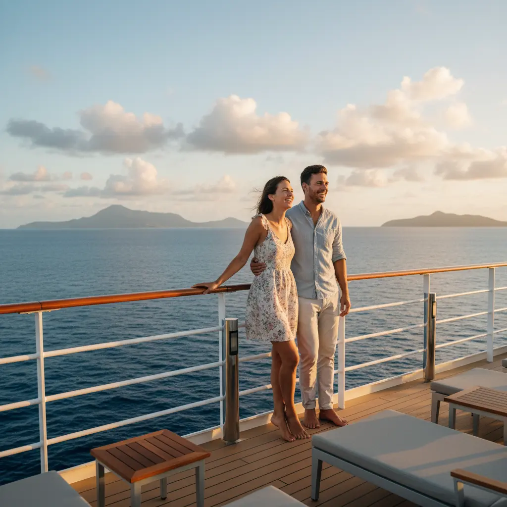 Zwei Freunde lachen, während sie auf dem Deck eines Kreuzfahrtschiffes stehen und das Meer betrachten.