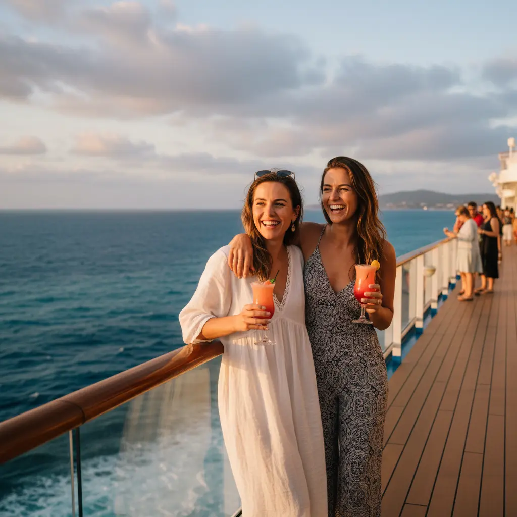 Zwei lachende Frauen auf dem Kreuzfahrtdeck mit Meerblick