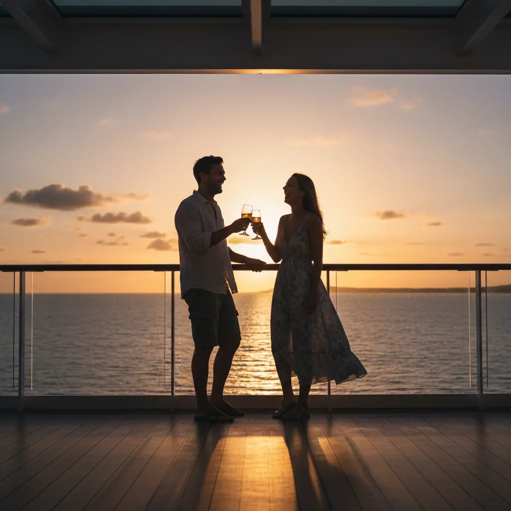 Zwei Freunde genießen den Sonnenuntergang auf dem Deck eines Kreuzfahrtschiffes