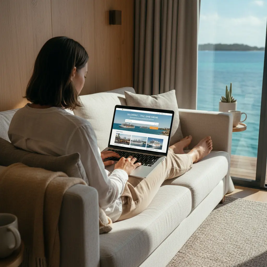 Person sucht online nach einer Kreuzfahrt auf einem Laptop
