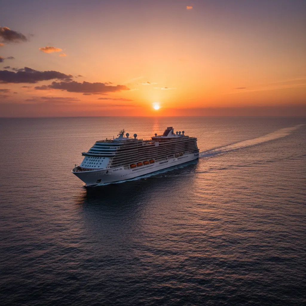 Ein großes Kreuzfahrtschiff segelt bei Sonnenuntergang über das Meer