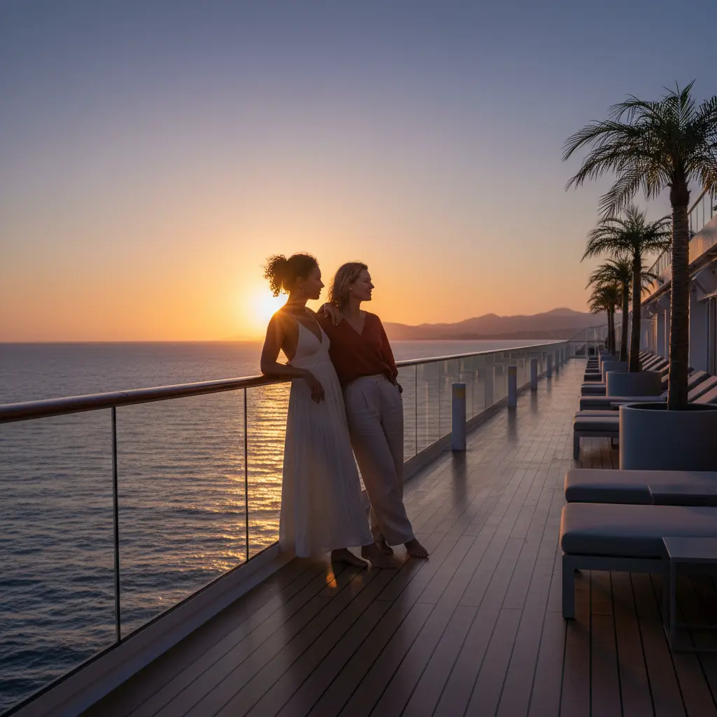 Zwei Frauen genießen den Sonnenuntergang auf einem Kreuzfahrtschiffdeck