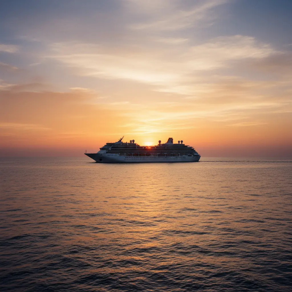 Kreuzfahrtschiff bei Sonnenuntergang auf offenem Meer