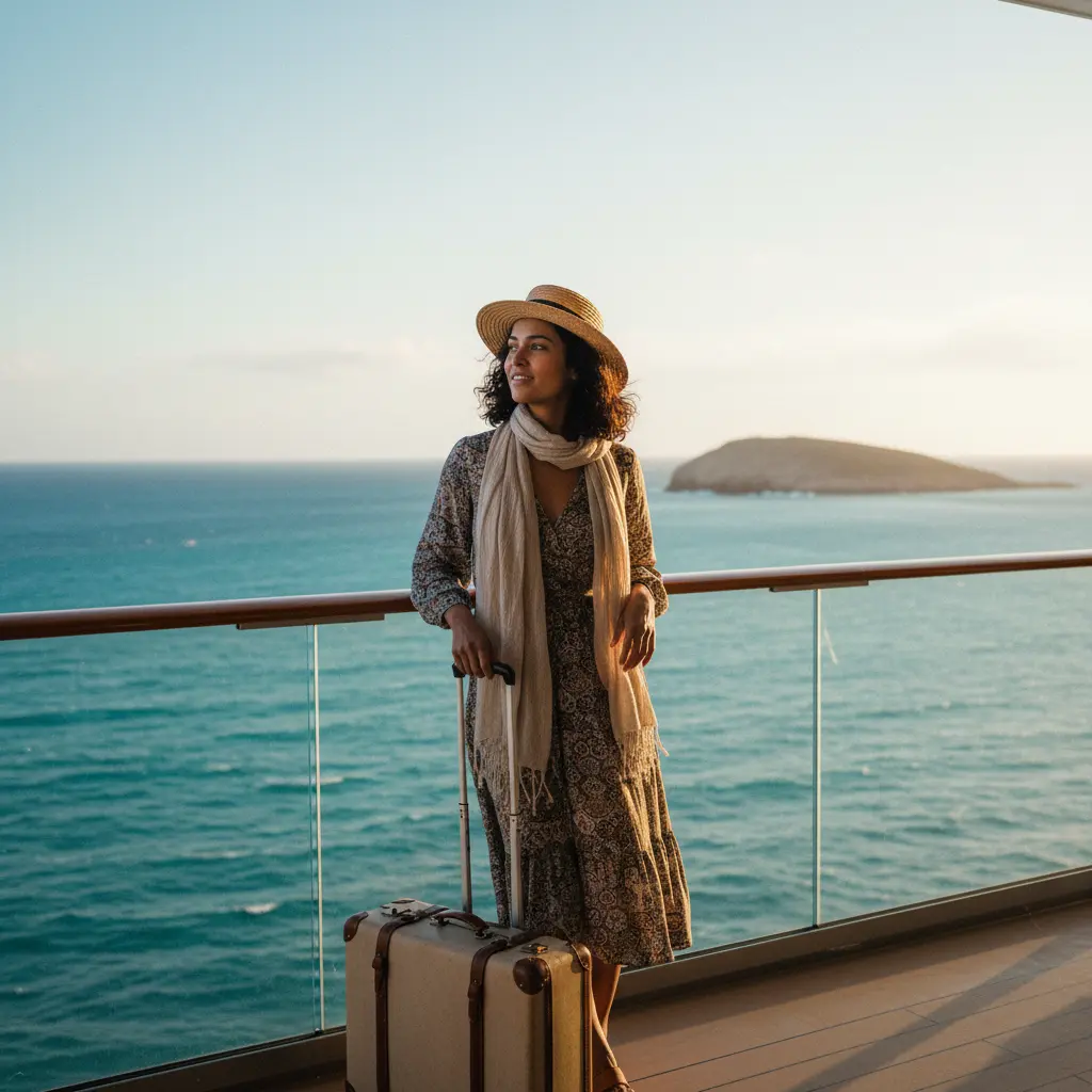 Frau mit Koffer blickt auf das Meer, bereit für eine Reise