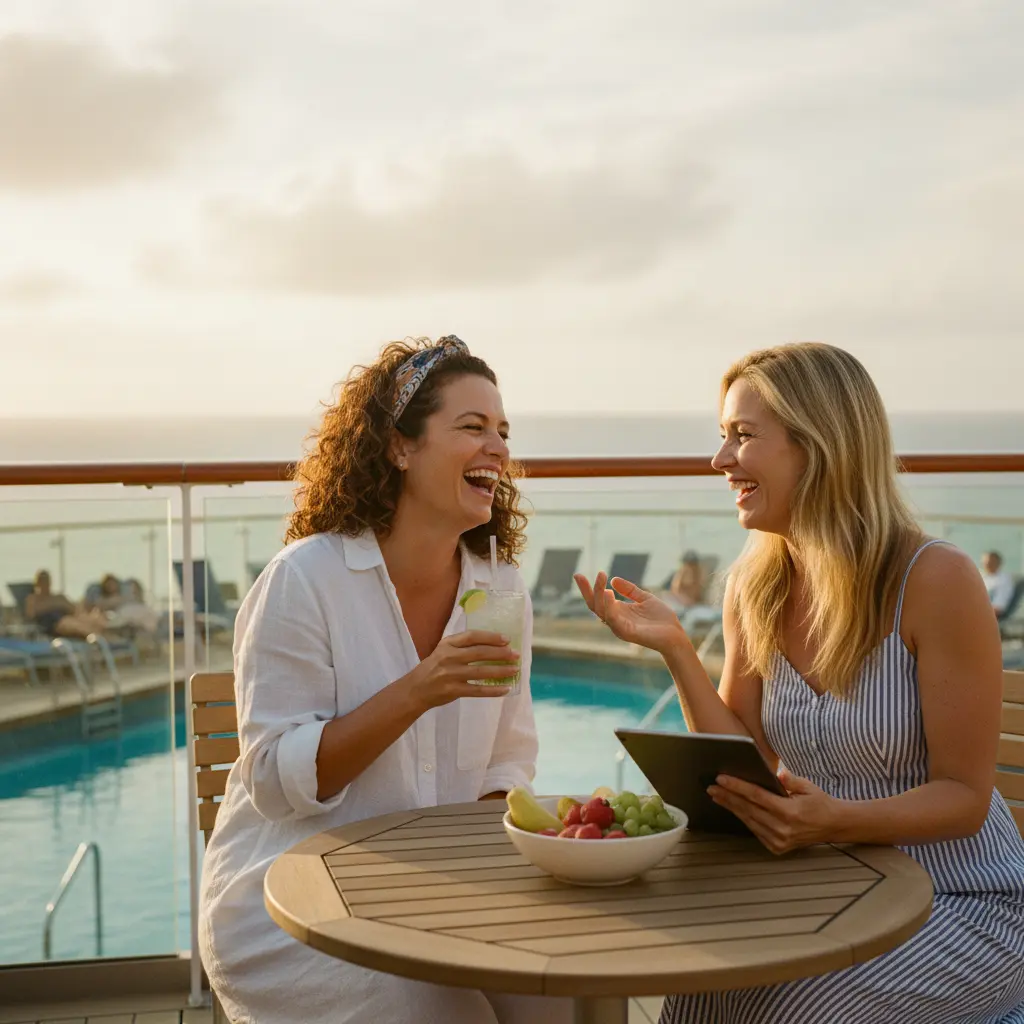 Zwei Frauen lachen und genießen eine Kreuzfahrt an Deck