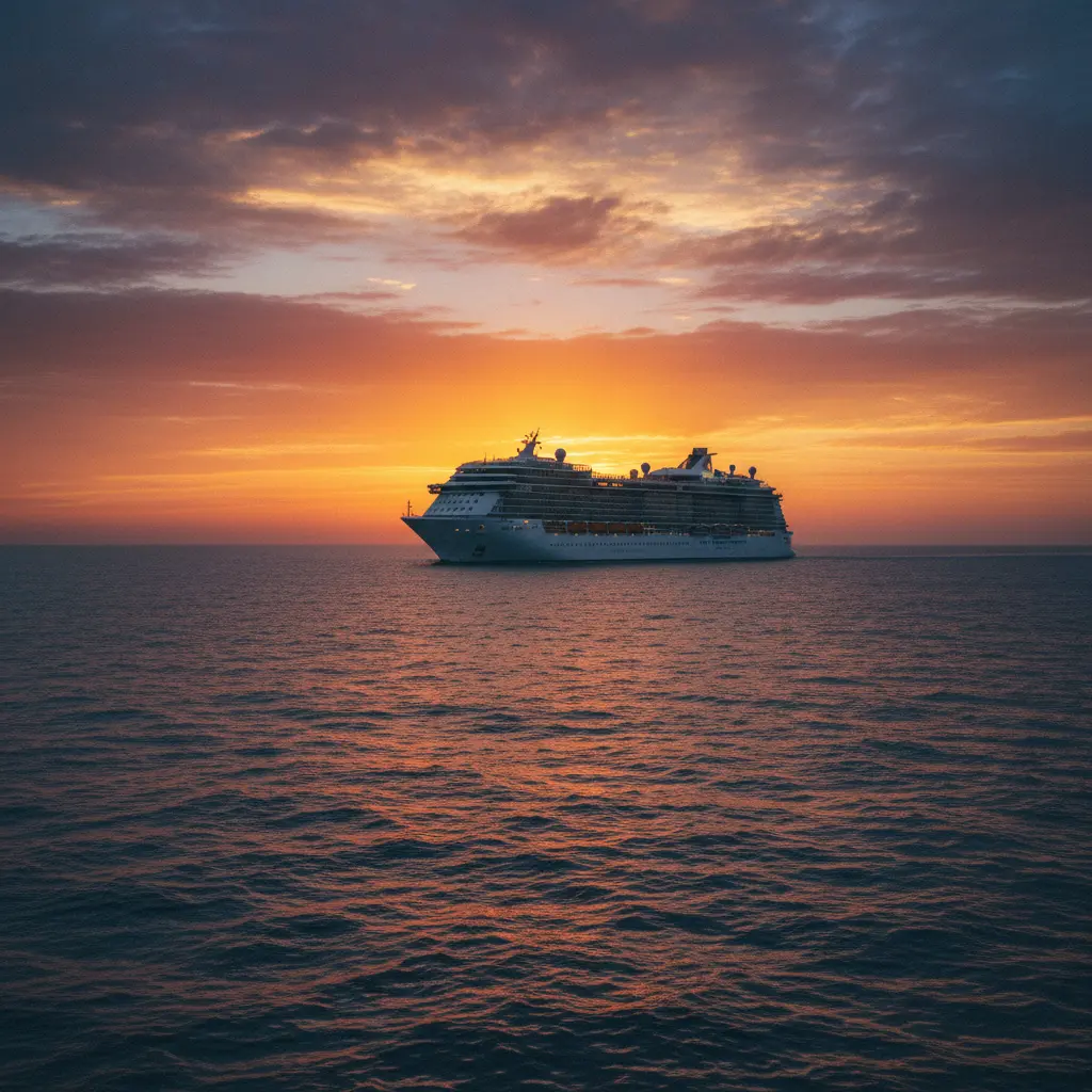 Luxuriöses Kreuzfahrtschiff bei Sonnenuntergang auf offener See