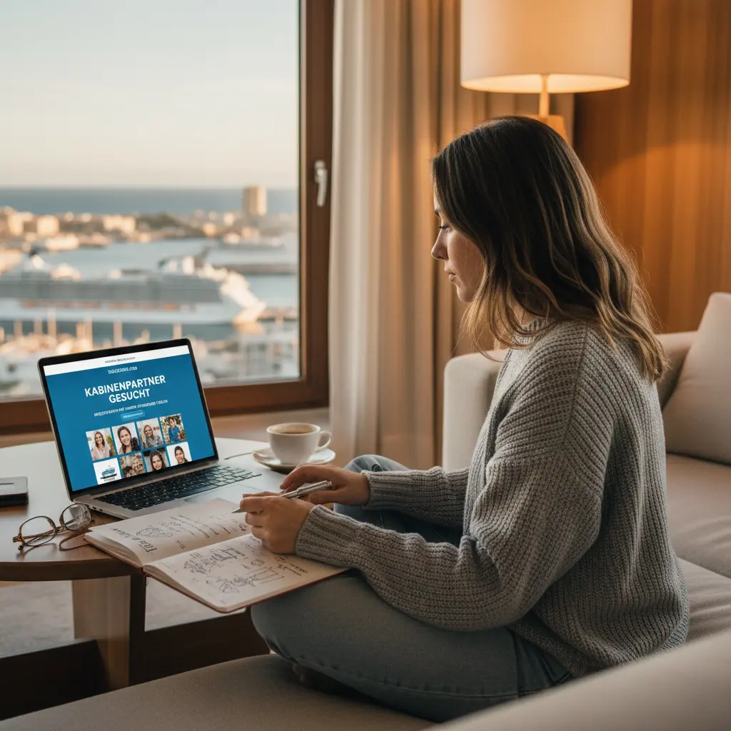 Eine Frau plant ihre Kreuzfahrtreise am Laptop und sucht einen Kabinenpartner.