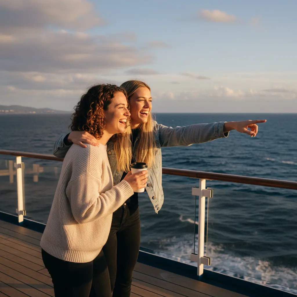 Zwei glückliche Frauen genießen die Aussicht auf einer Kreuzfahrt, symbolisch für eine erfolgreiche Partnerschaft.