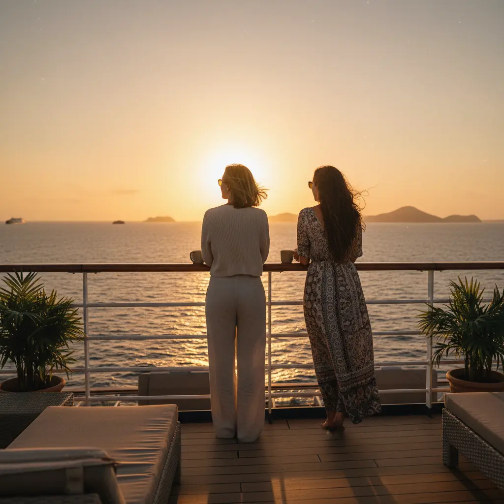 Zwei Freundinnen genießen die Aussicht auf einem Kreuzfahrtschiff