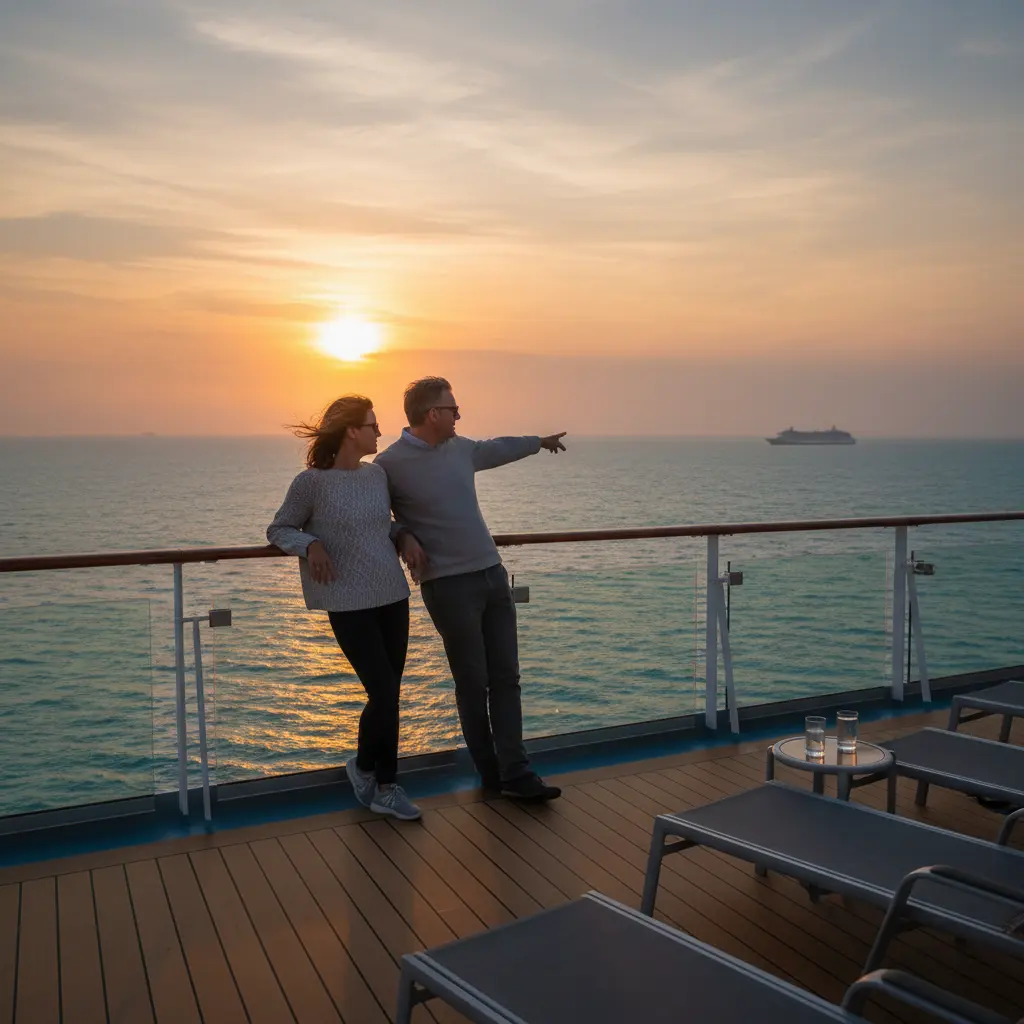Zwei Personen schauen gemeinsam den Sonnenuntergang von einem Kreuzfahrtschiffdeck aus an