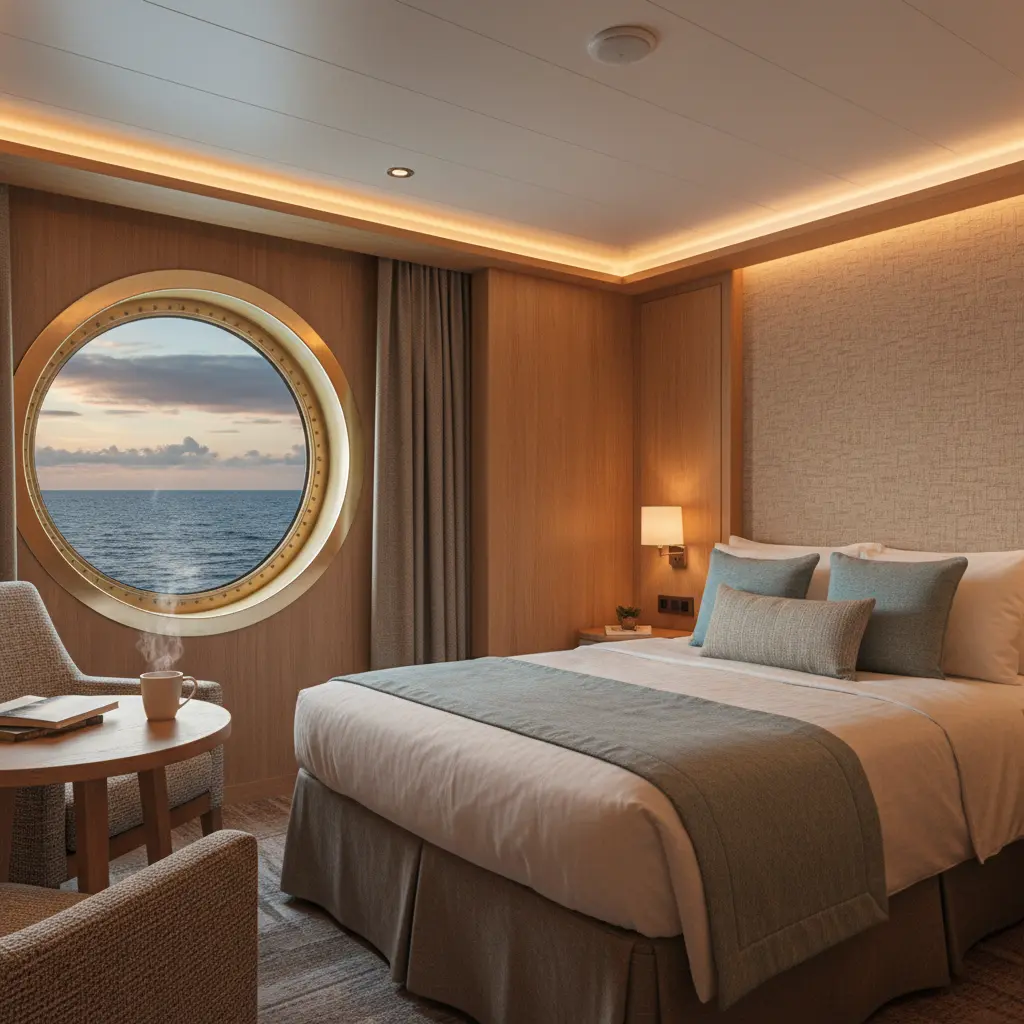 Gemütliche Einzelkabine auf einem Kreuzfahrtschiff mit Fensterblick.