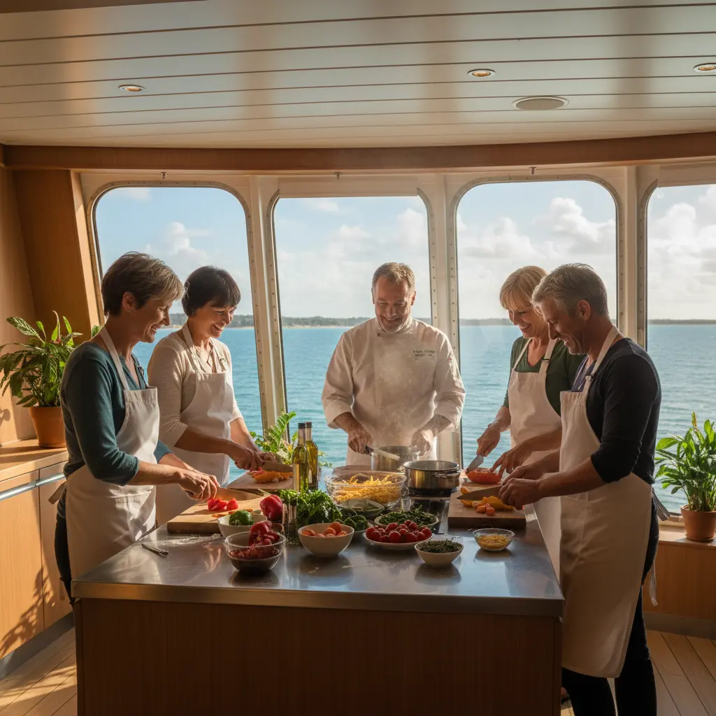 Groupe de personnes participant à un cours de cuisine à bord d'un bateau de croisière