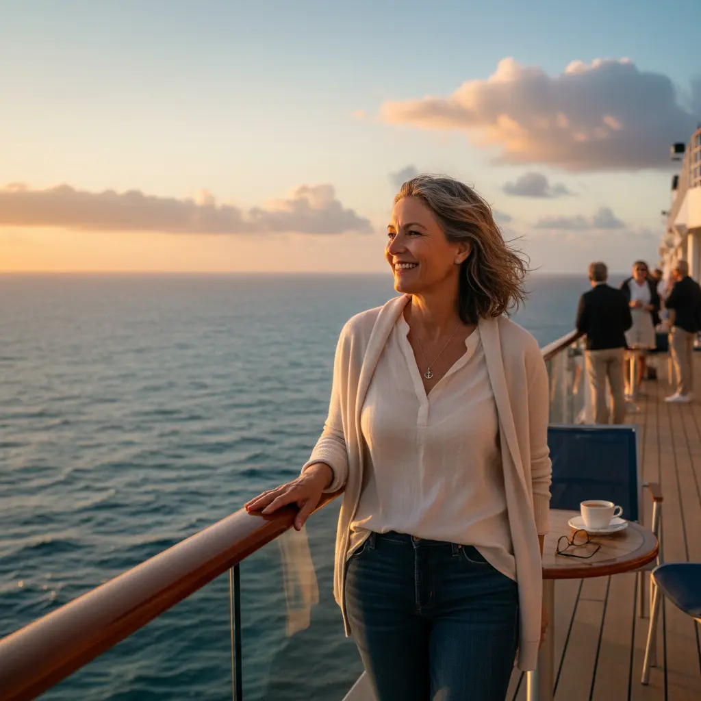 Femme souriante observant l'océan depuis le pont d'un bateau de croisière