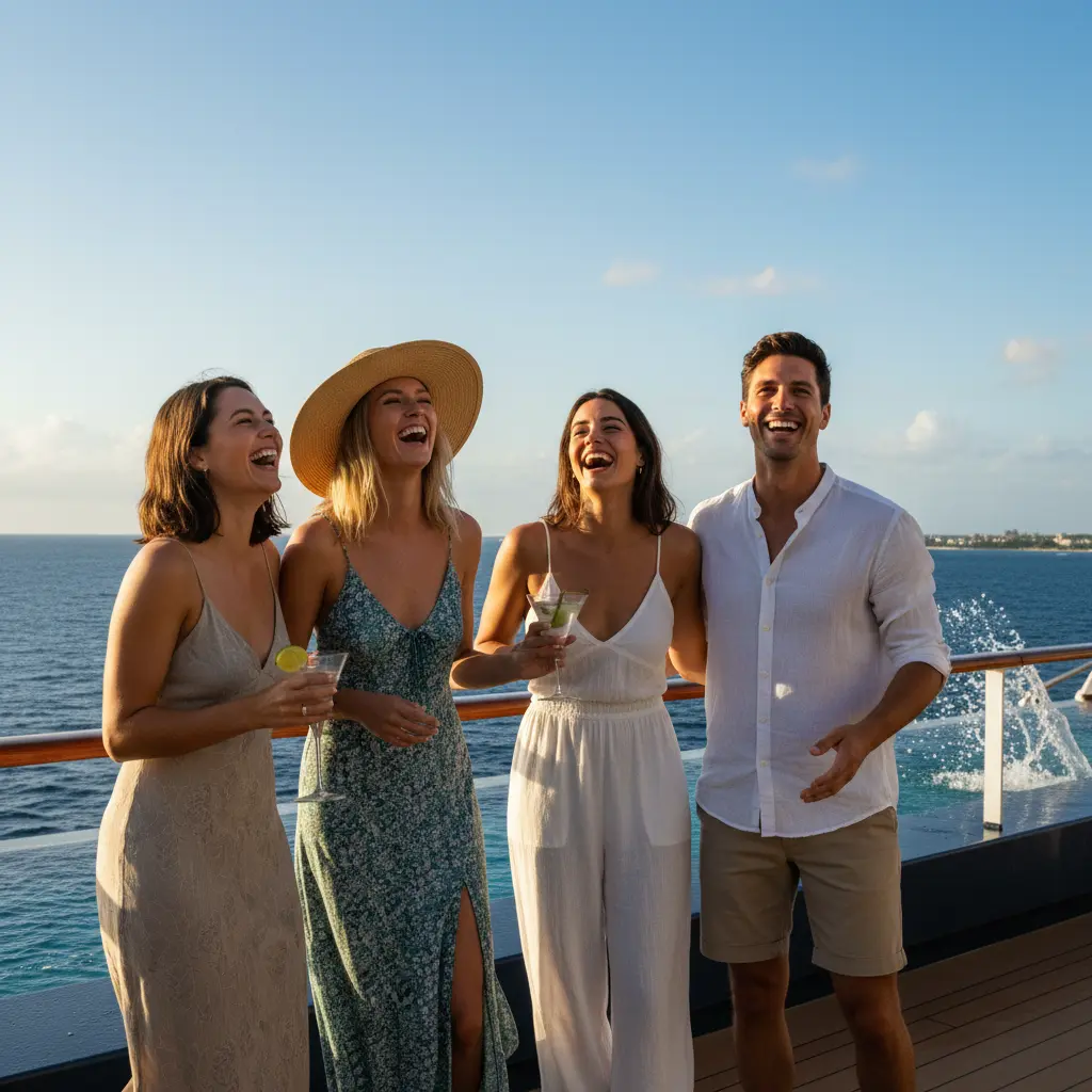 Un groupe d'amis riant sur le pont d'une croisière, illustrant l'aspect social du voyage en groupe