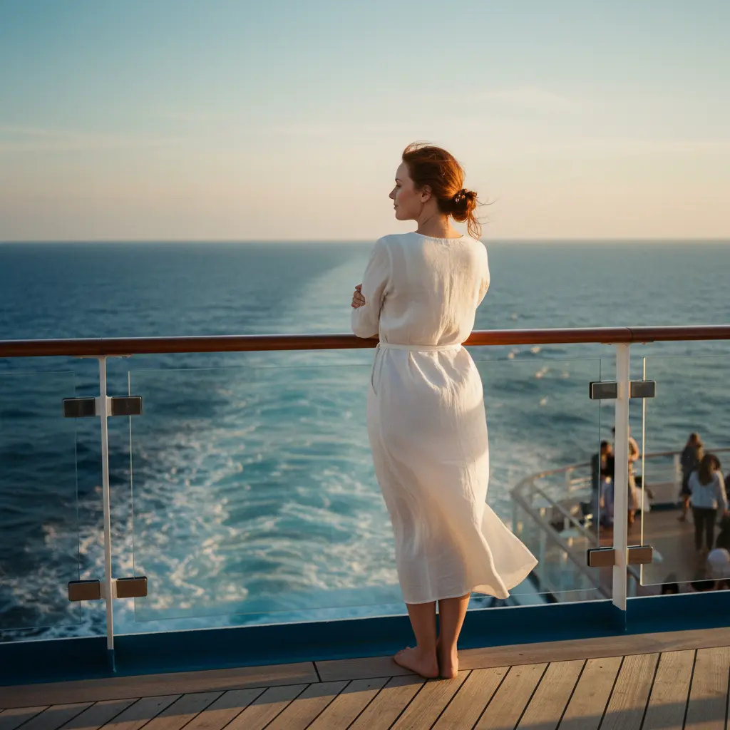 Une femme seule regardant l'océan depuis le pont d'un navire de croisière, symbolisant l'indépendance et la beauté du voyage solo