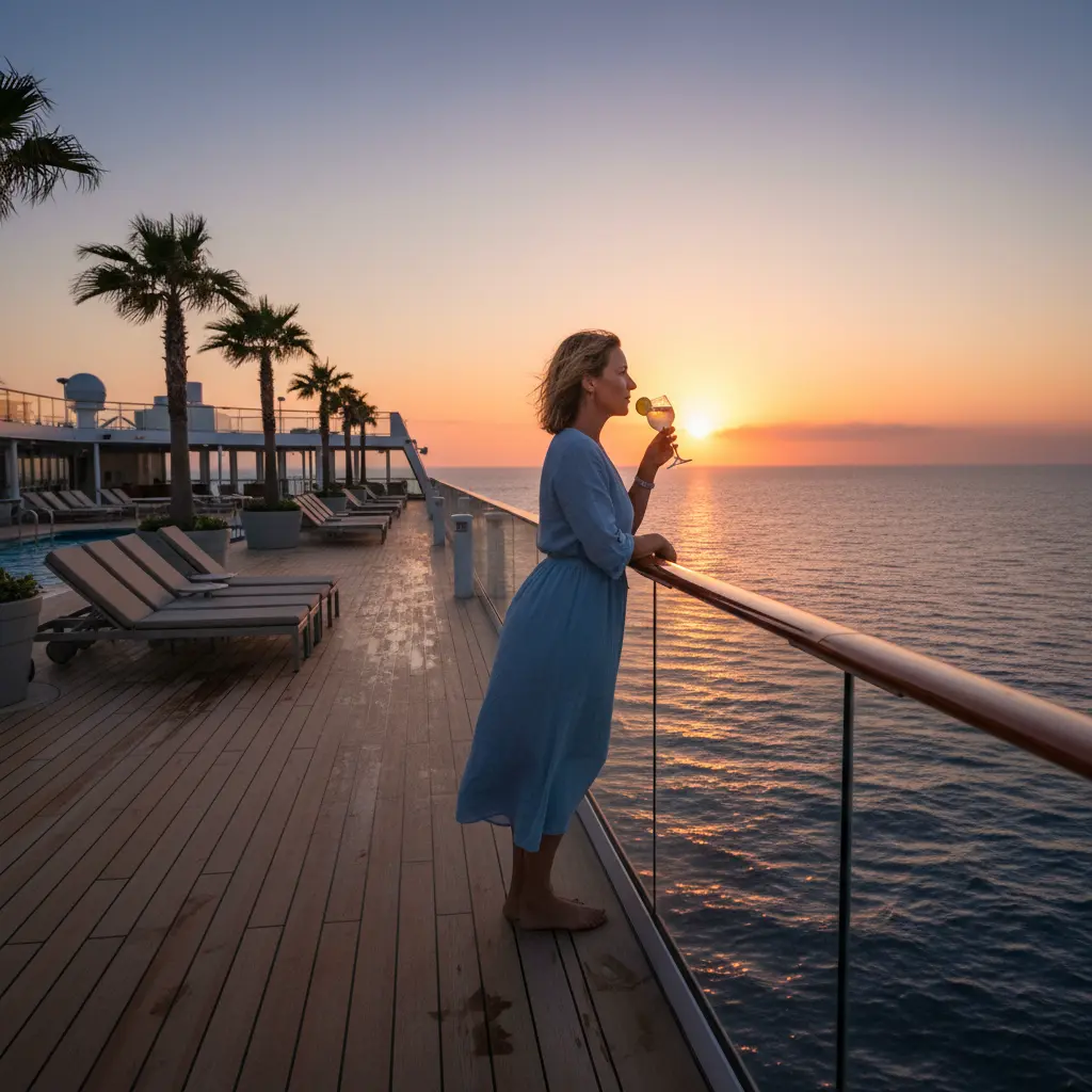 Viajera sola disfrutando de la cubierta de un crucero al atardecer