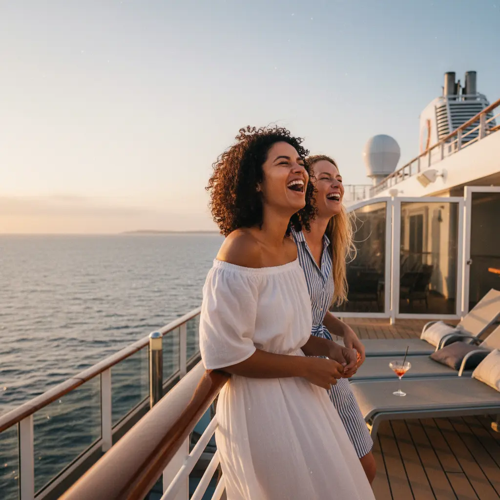 Dos amigas riendo en la cubierta de un crucero