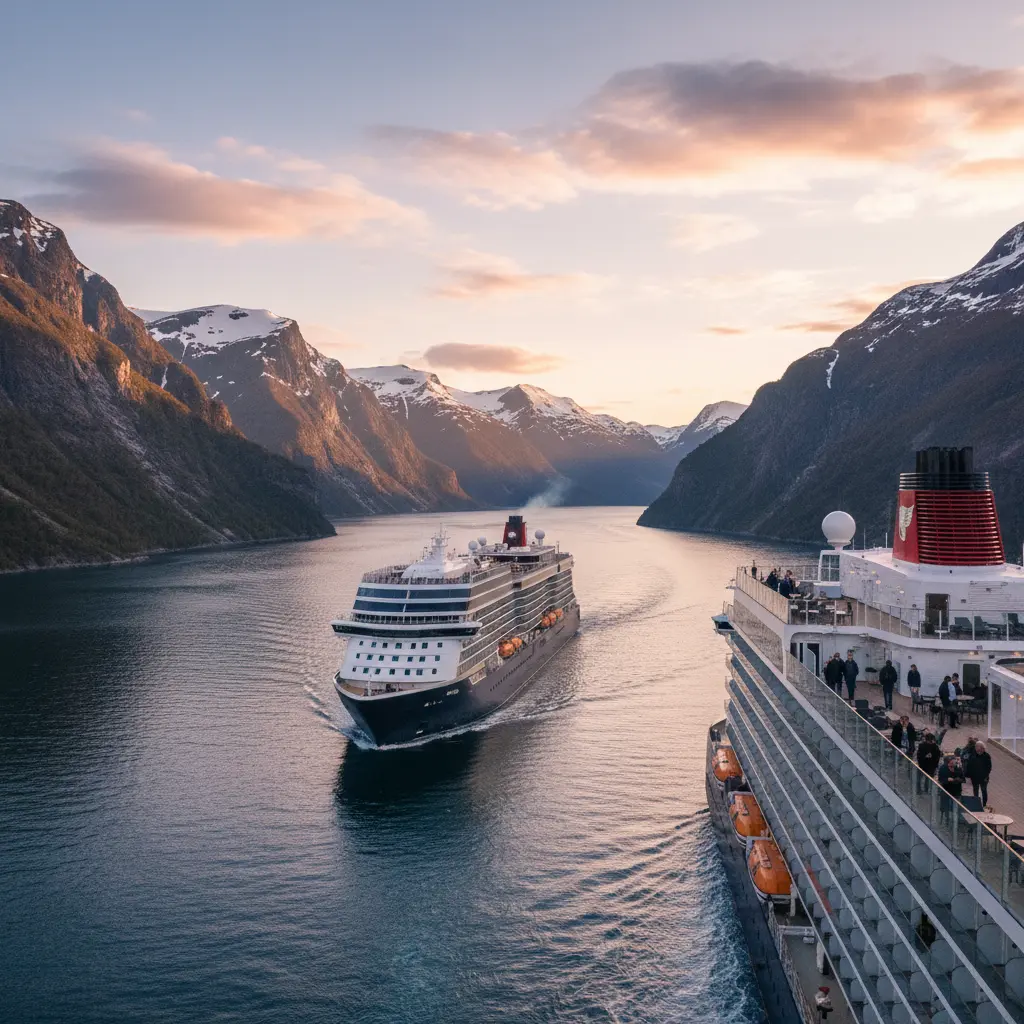 Crucero Viking navegando por un fiordo escandinavo