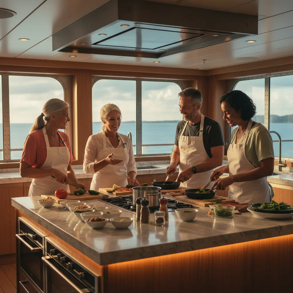 Personas participando en una clase de cocina en un crucero