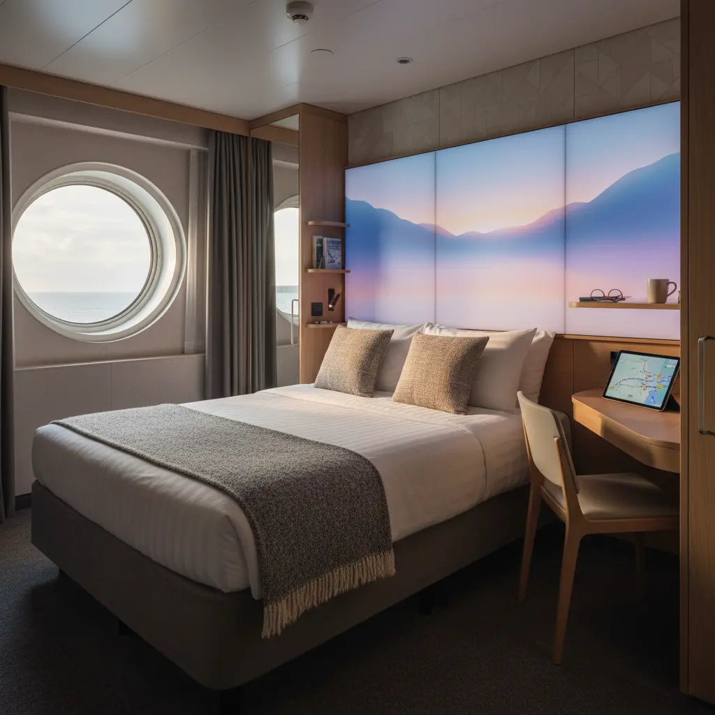 Interior de una cabina Studio de Norwegian Cruise Line, compacta y moderna, ideal para viajeros solos.