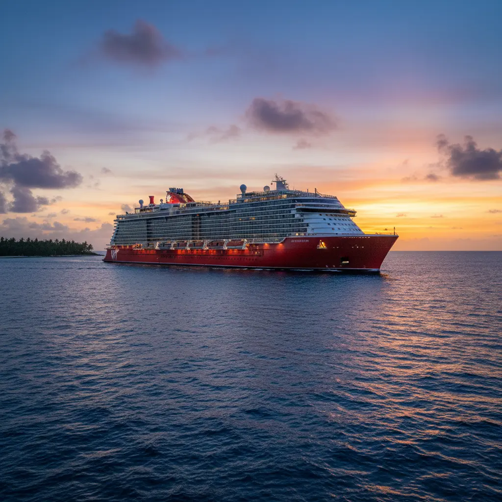Barco de Virgin Voyages con un diseño moderno y elegante, navegando en aguas azules al atardecer.