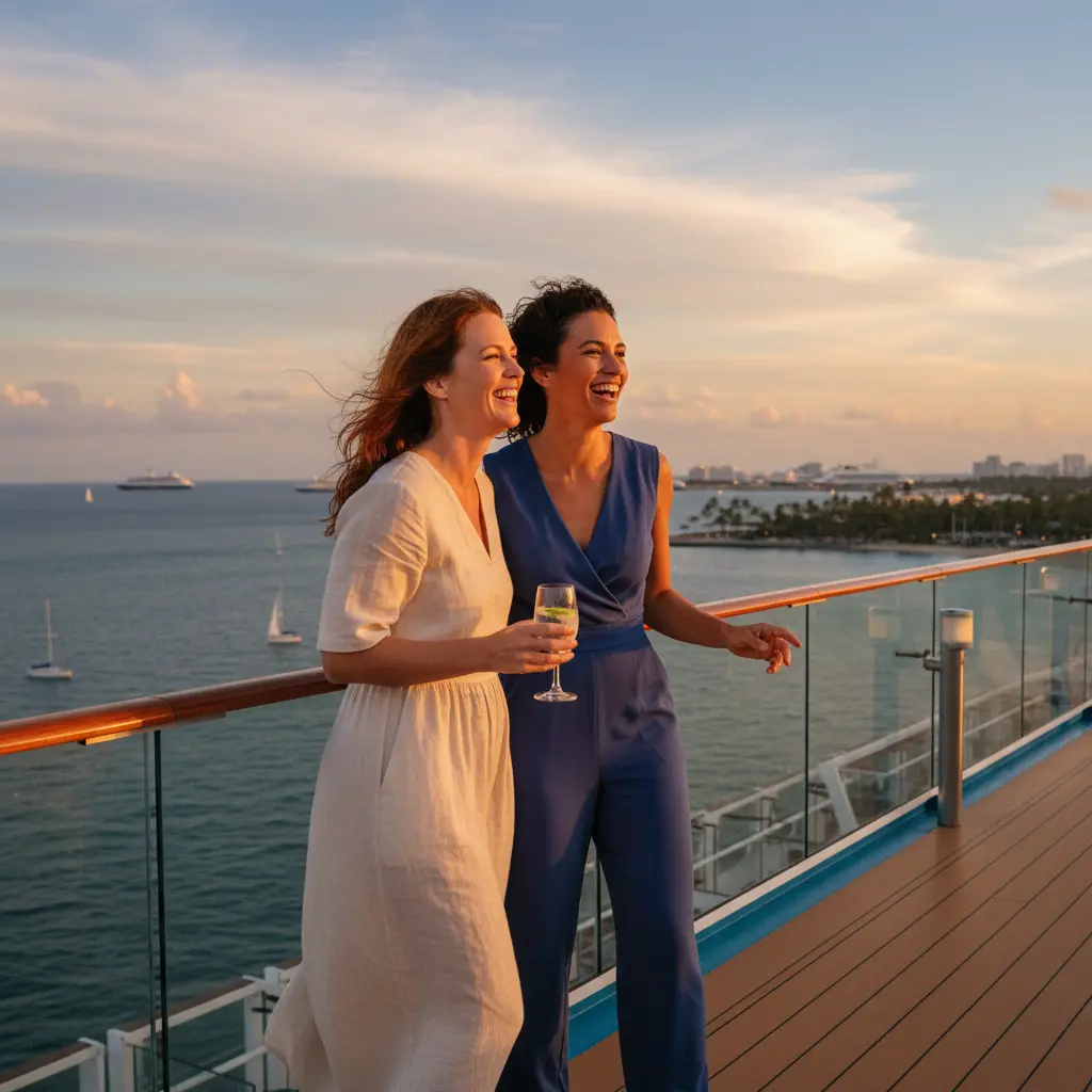 Dos mujeres riendo y disfrutando de la vista desde la cubierta de un crucero al atardecer.