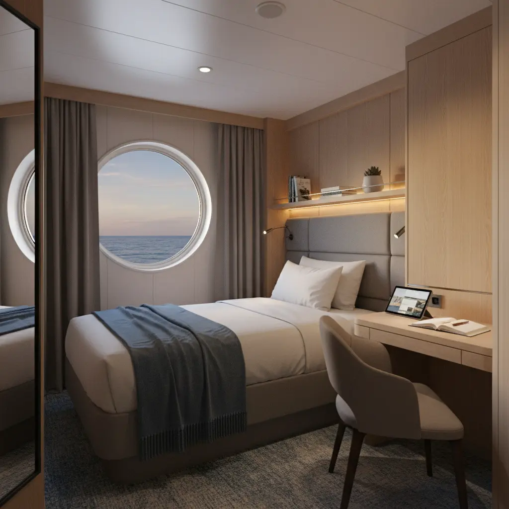 Interior of a compact solo cruise cabin with a single bed and modern decor