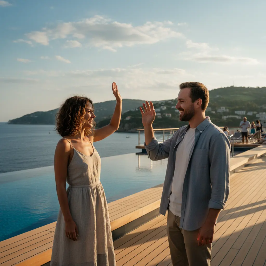 Two solo travelers meeting on a cruise ship deck, smiling and waving