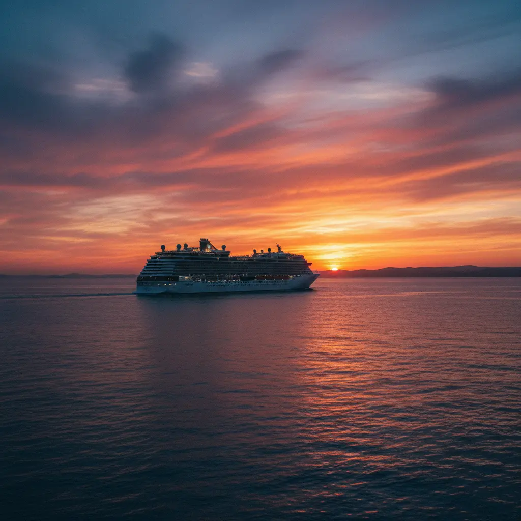 A large cruise ship sailing into a sunset, calm waters, dramatic sky