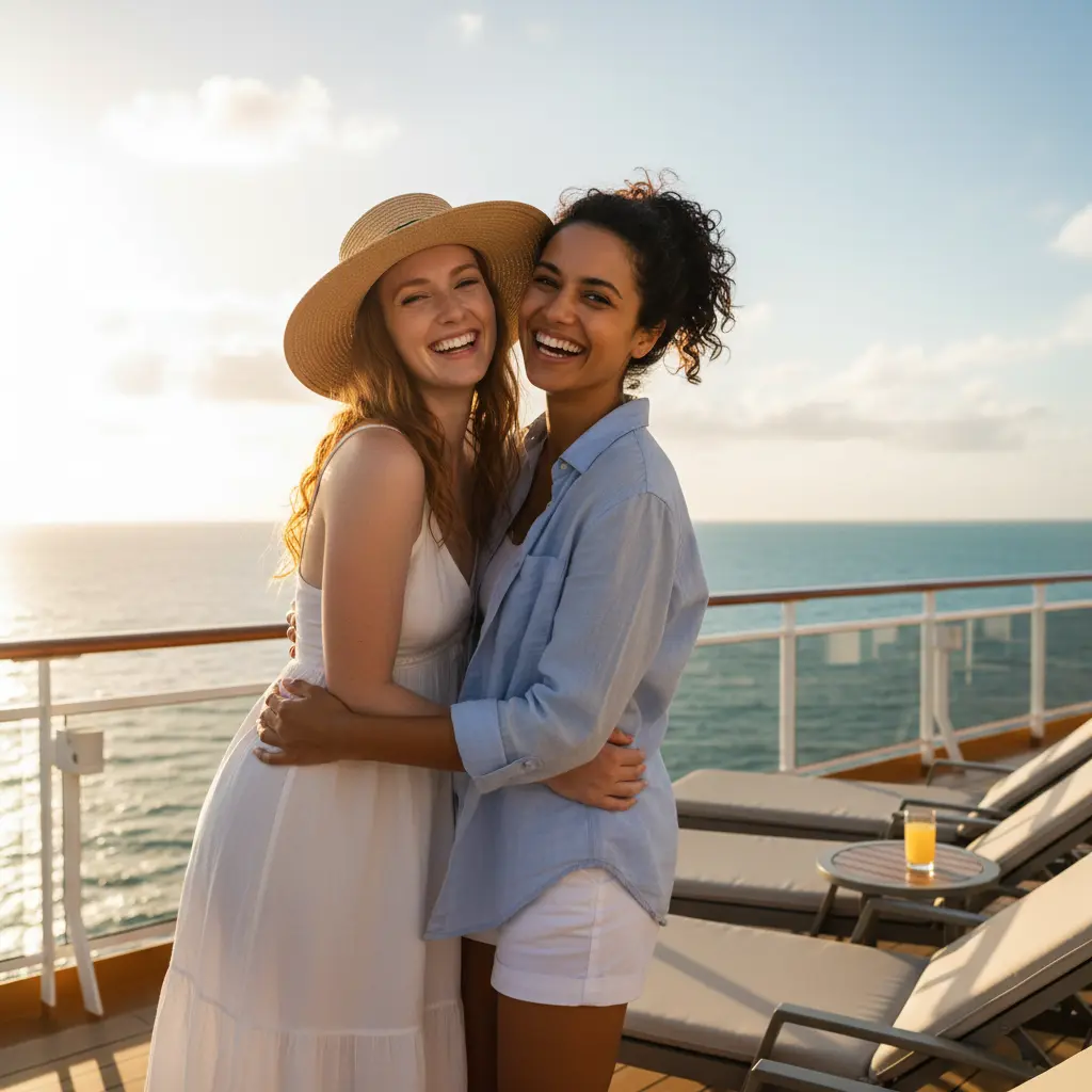 Deux amies souriantes sur le pont d'un navire de croisière, profitant du soleil