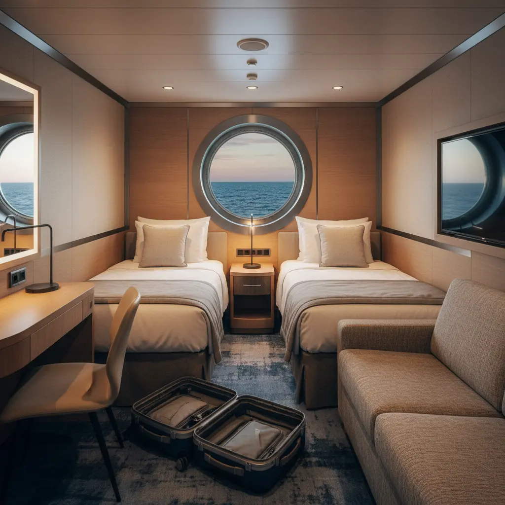 Intérieur d'une cabine de croisière avec deux lits séparés, prête à accueillir des compagnons de voyage