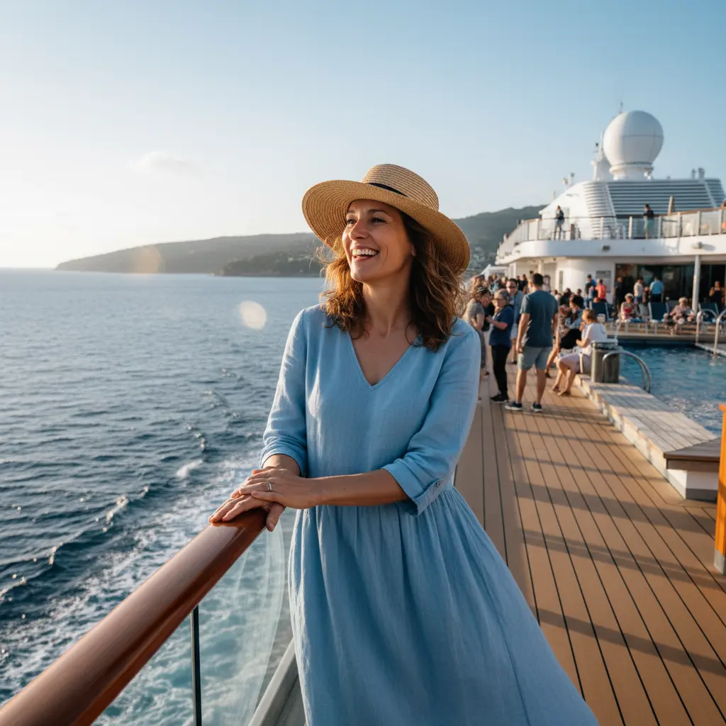 Mujer feliz en la cubierta de un crucero, disfrutando de sus vacaciones ahorradas.