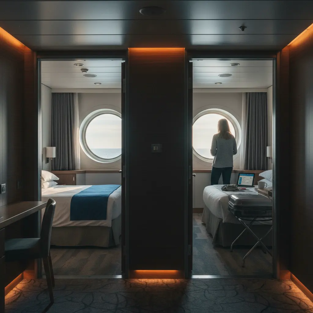 Cabine de croisière vide à côté d'une cabine avec un seul voyageur