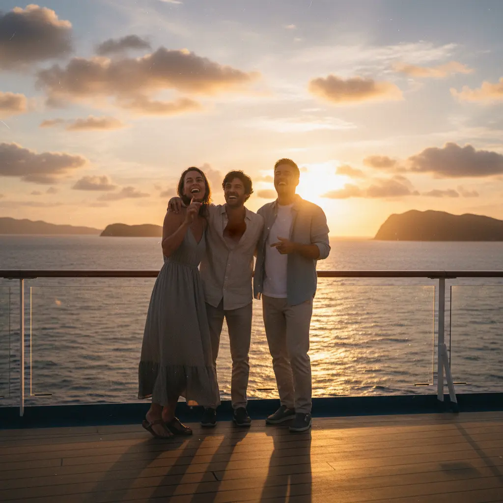Groupe d'amis riant sur le pont d'un bateau de croisière au coucher du soleil