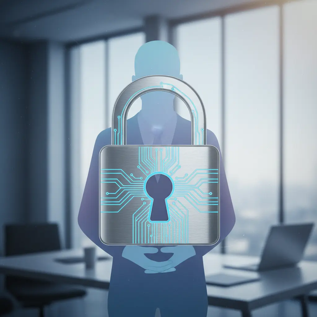 Icono de una cerradura digital con una persona detrás, simbolizando la seguridad de los datos del usuario.