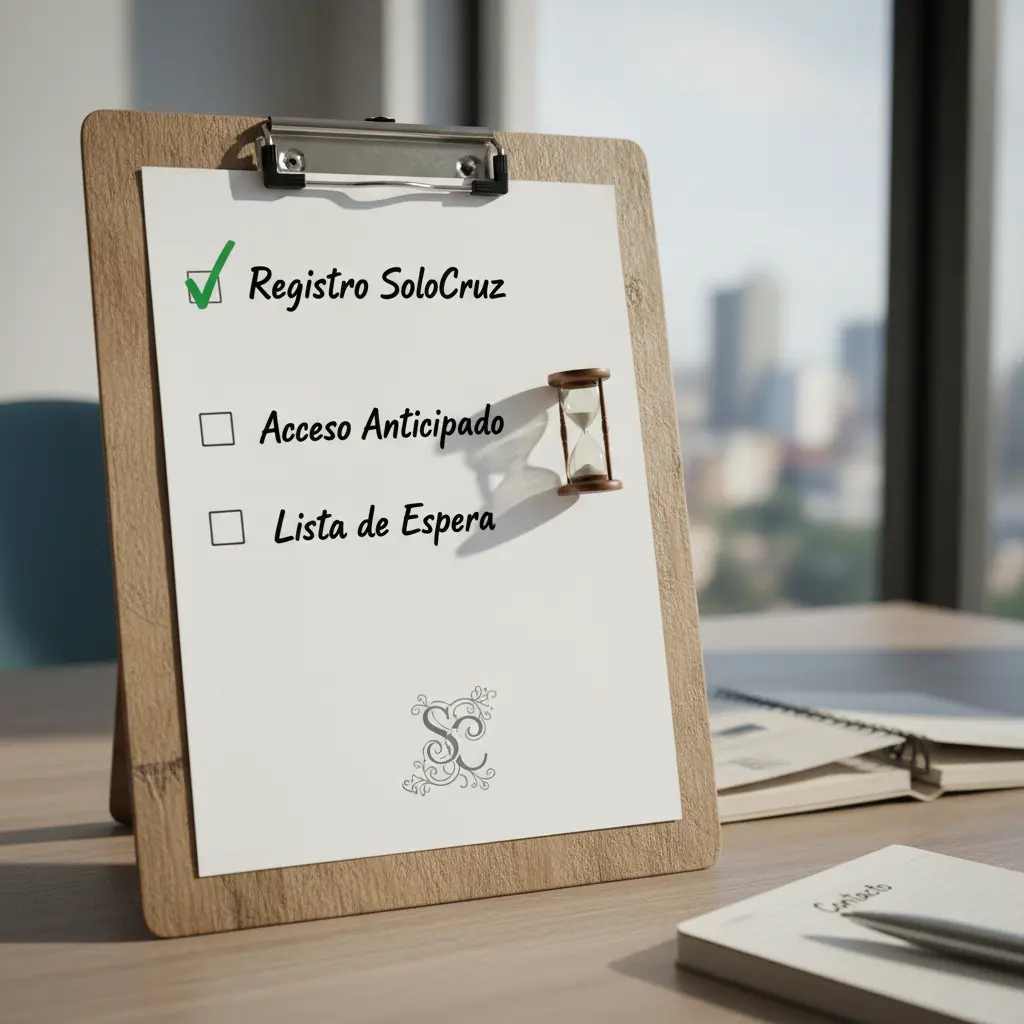 Icono de una lista de espera con un símbolo de verificación, representando el proceso de registro en SoloCruz.