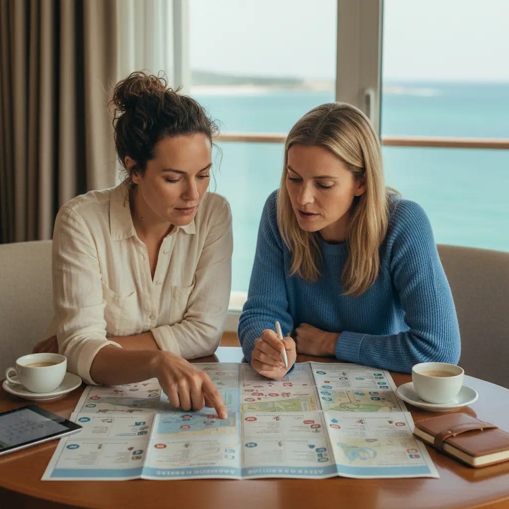 Deux femmes regardant une carte des activités de croisière