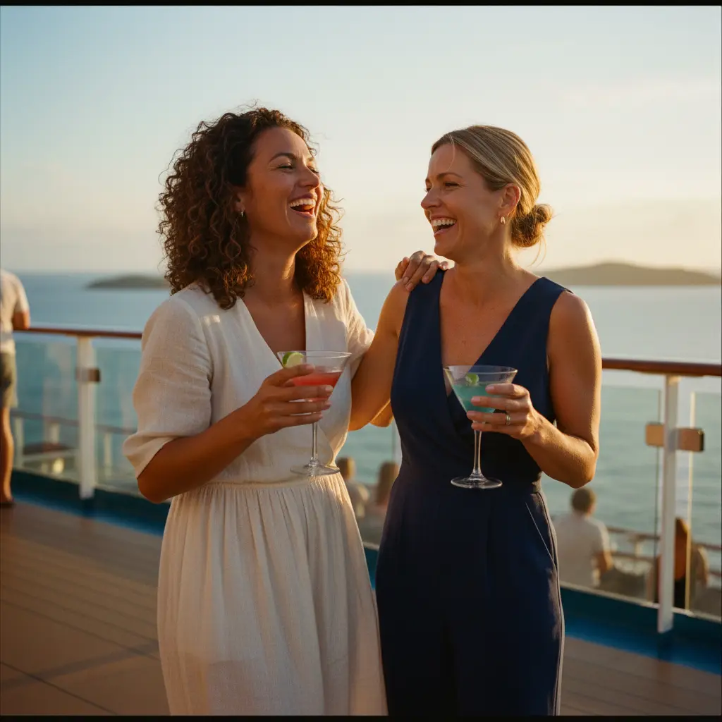 Deux femmes partageant un rire et un cocktail sur le pont d'un navire de croisière