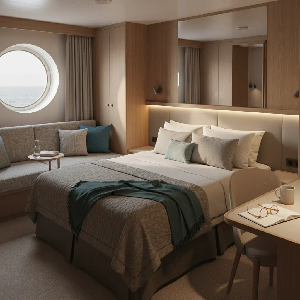 Interior de una cabina de crucero moderna y funcional