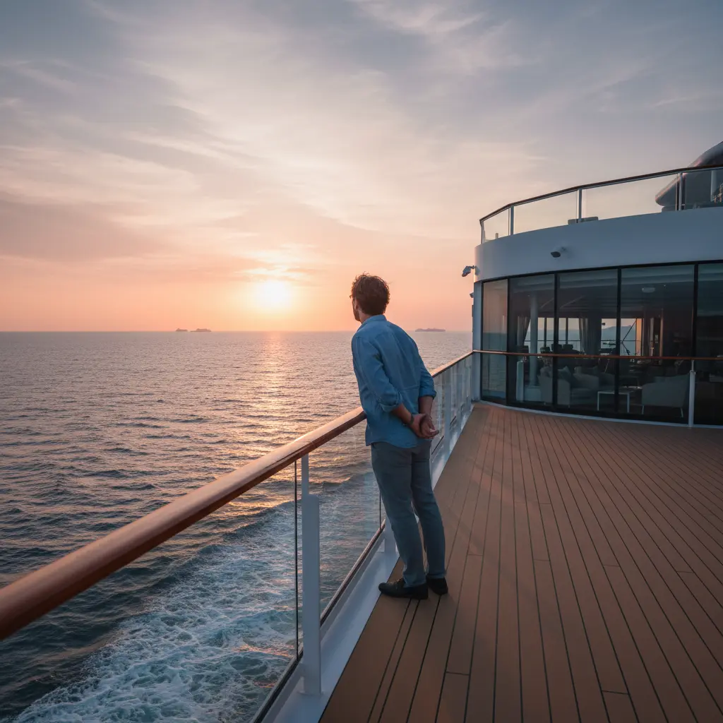 Voyageur solo regardant l'océan depuis un paquebot de croisière