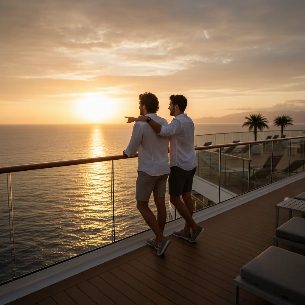 Deux amis regardant un coucher de soleil sur le pont d'une croisière
