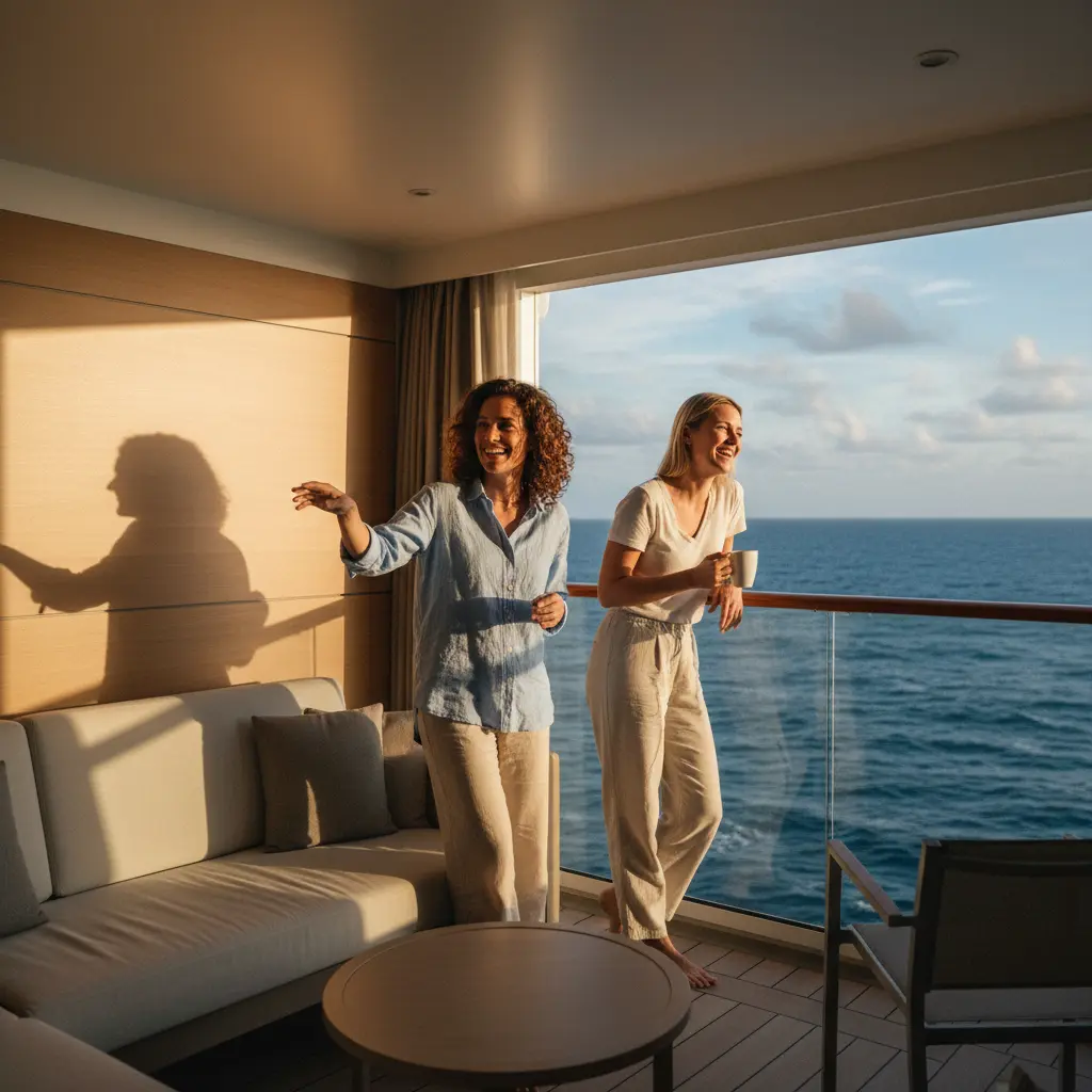 Deux femmes souriantes partageant une cabine de croisière moderne, profitant de la vue sur l'océan depuis leur balcon.