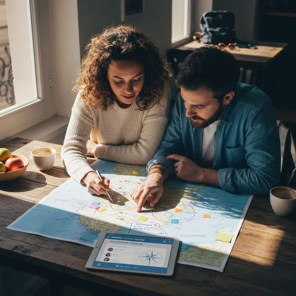 Deux personnes regardant une carte de croisière et planifiant des activités ensemble, symbolisant le partage d'itinéraire.
