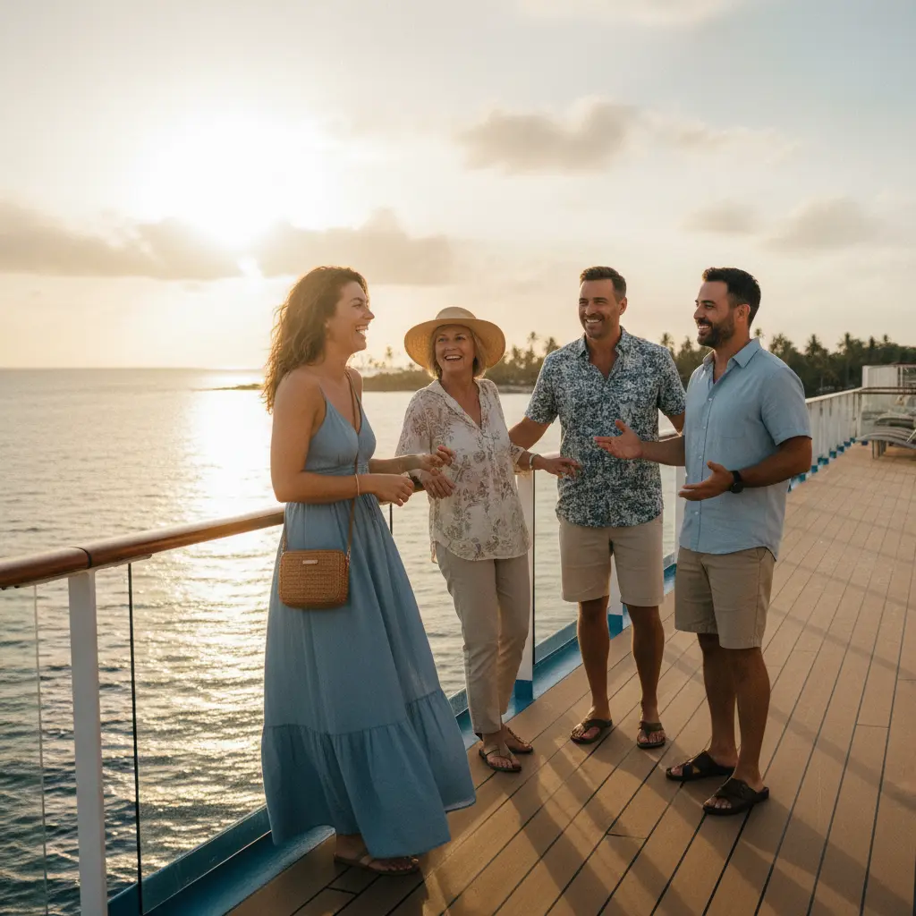 Une voyageuse solo souriante interagissant avec d'autres passagers sur le pont d'un navire de croisière, symbolisant la connexion sociale.