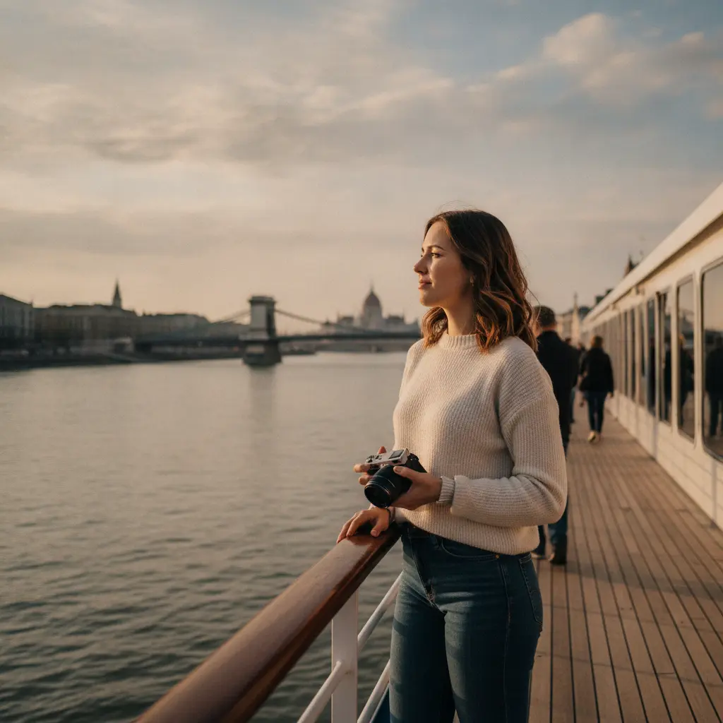 Solo traveler enjoying the view from a river cruise ship on the Danube