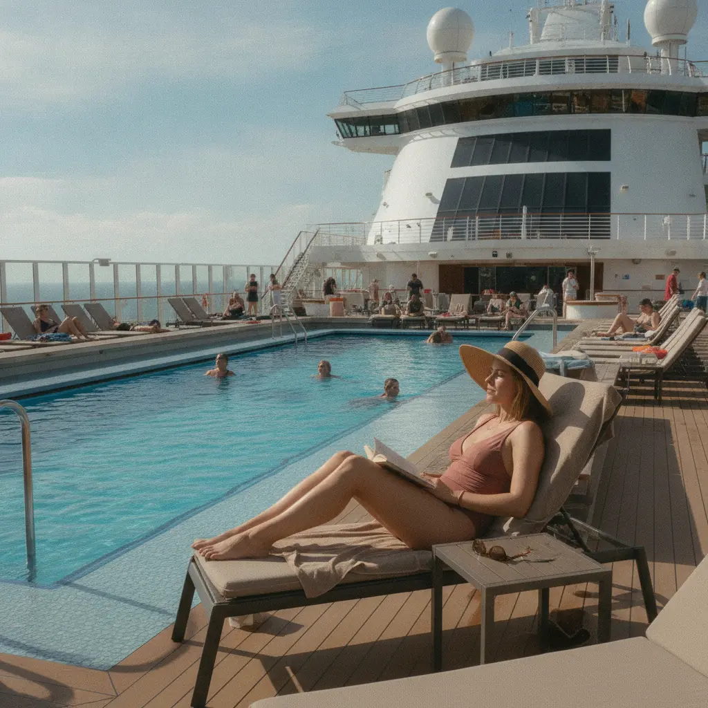 Solo traveler relaxing by the pool on a large ocean cruise ship