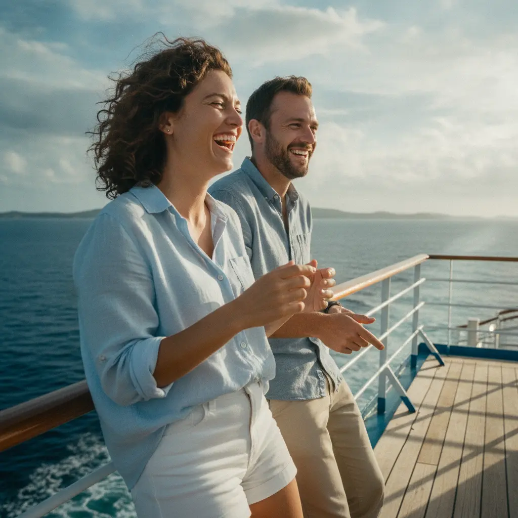 Two solo travelers sharing a laugh on a cruise ship deck